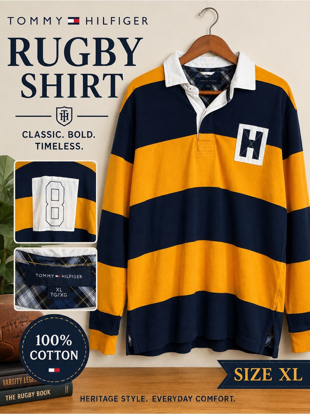 Tommy Hilfiger XL Tall Rugby Shirt Navy Gold Stripe Long Sleeve Heritage Preppy
